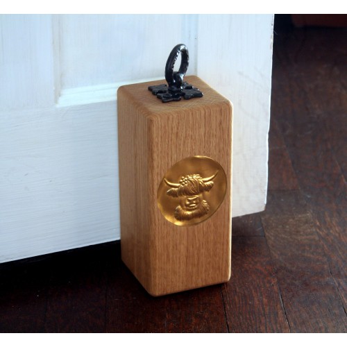 Oak Door Stop - Highland Cow - Brass